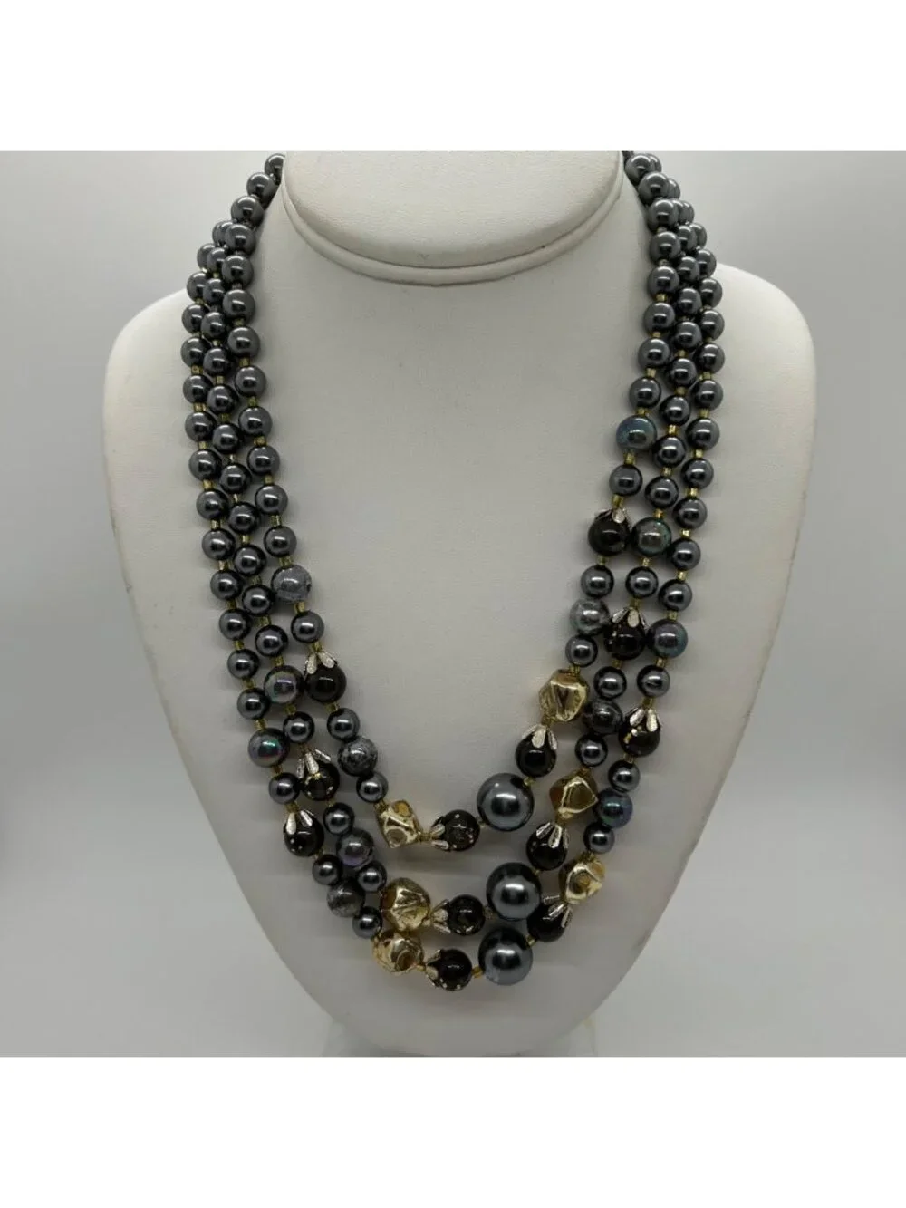 Vintage Three-Strand Gray Gold Tone Iridescent Bead Faux Pearls Prom Formal 1950